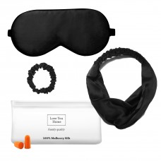 Набір:маска+пов'язка для волосся+гумка+чех+беруші Love You Чорний 100% шовк